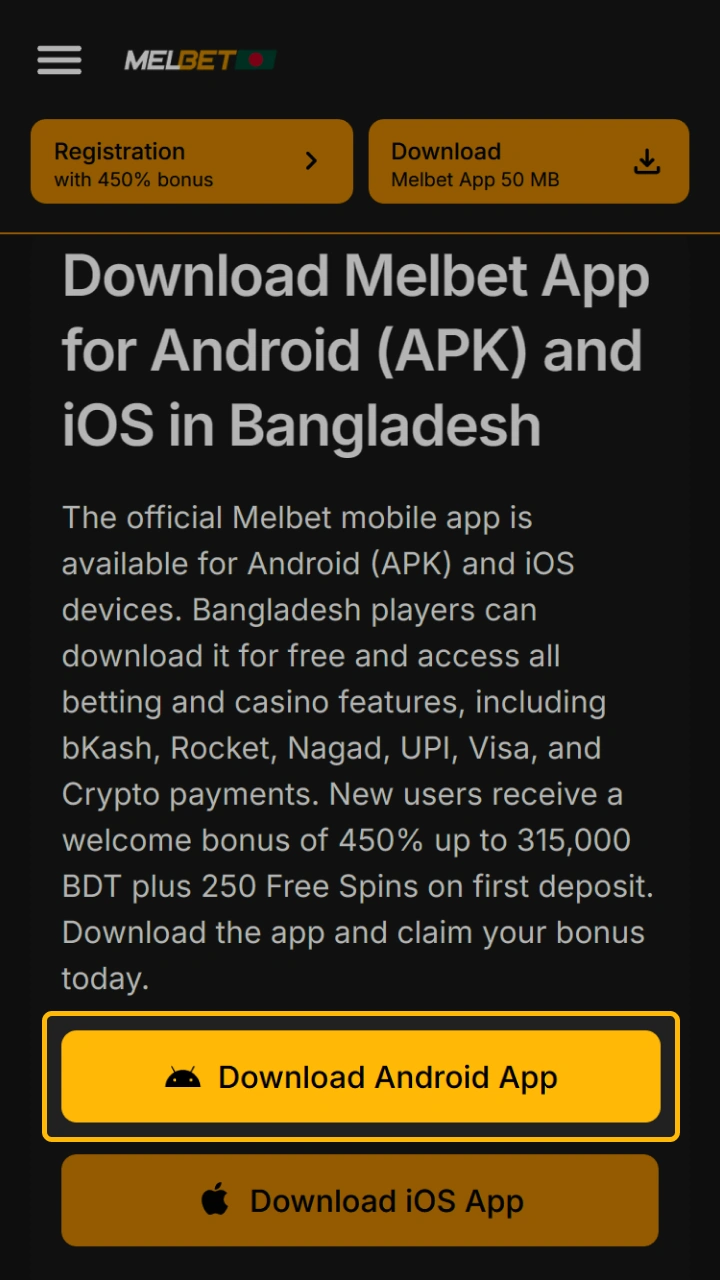Click on the highlighted button to safely start downloading the official Melbet app for Android.