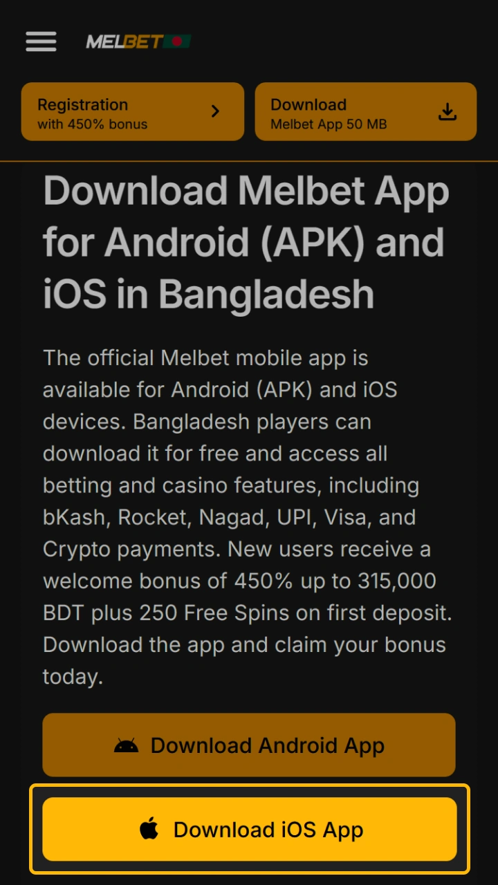 Click on the dedicated download button to get the feature-rich Melbet app for iOS.