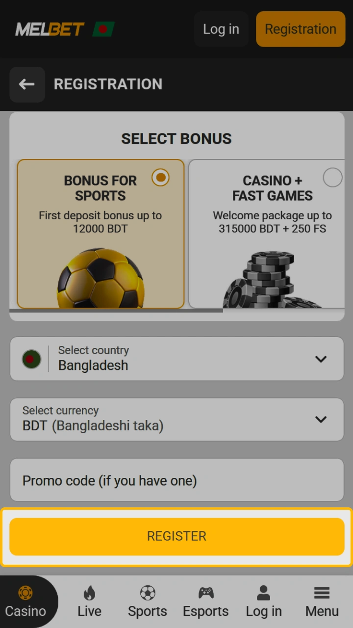 Complete your Melbet registration with one tap.