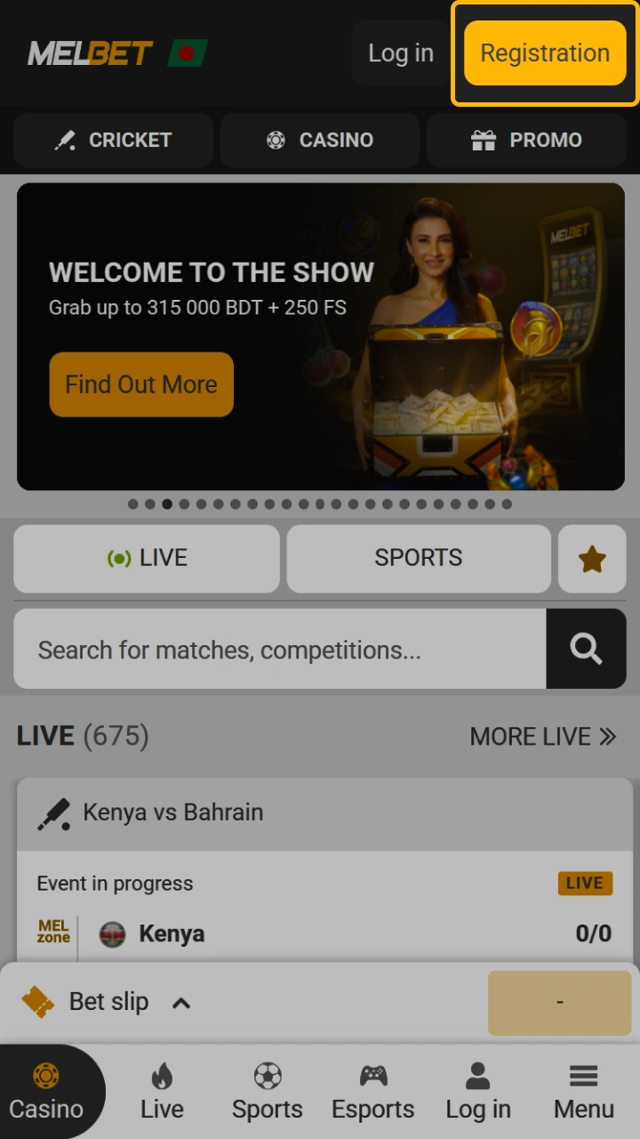 Start the registration process on Melbet by clicking on the registration button at the top of the page.