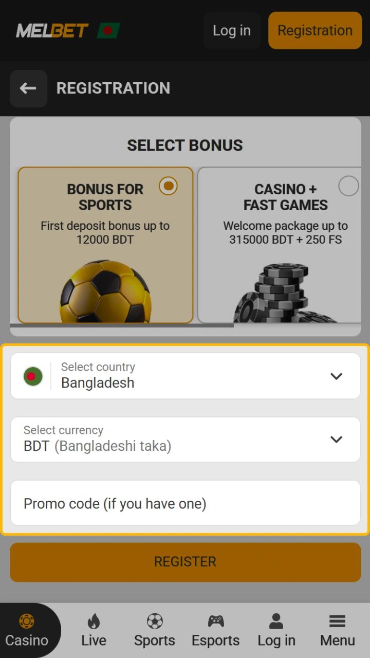 When registering with Melbet, you can easily select your preferred country and currency.