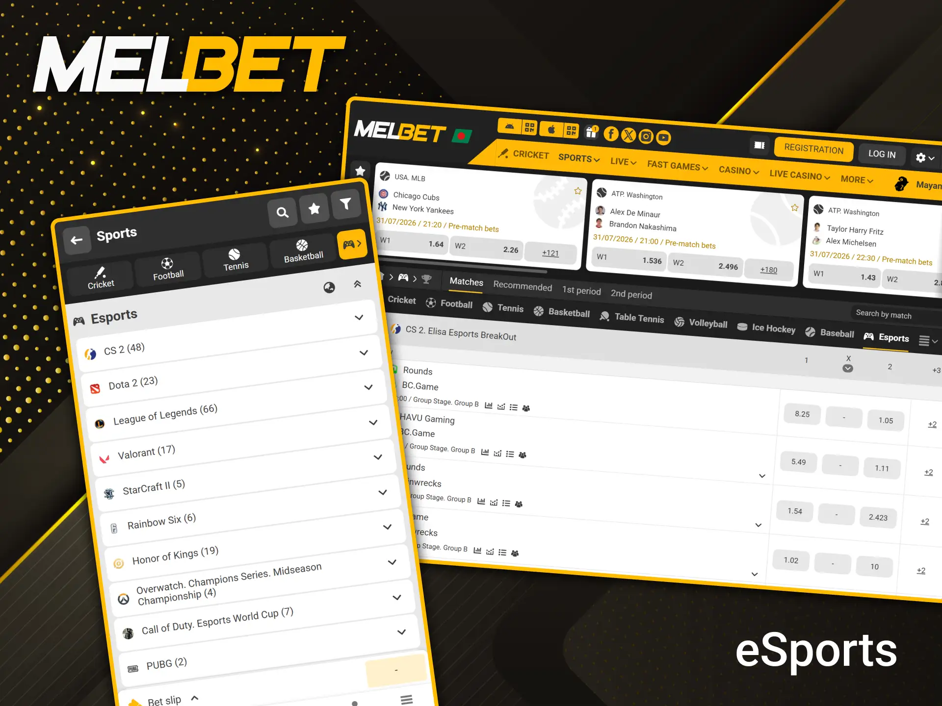 Place bets on your favorite esports competitions with great odds at Melbet.