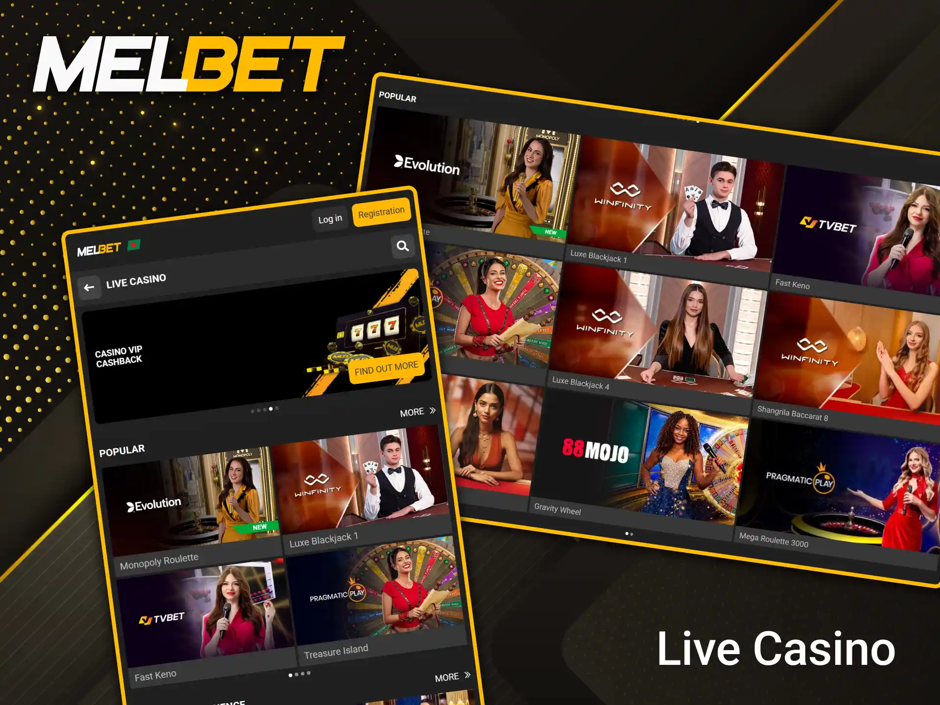 Experience exciting games with real dealers at Melbet Live Casino.