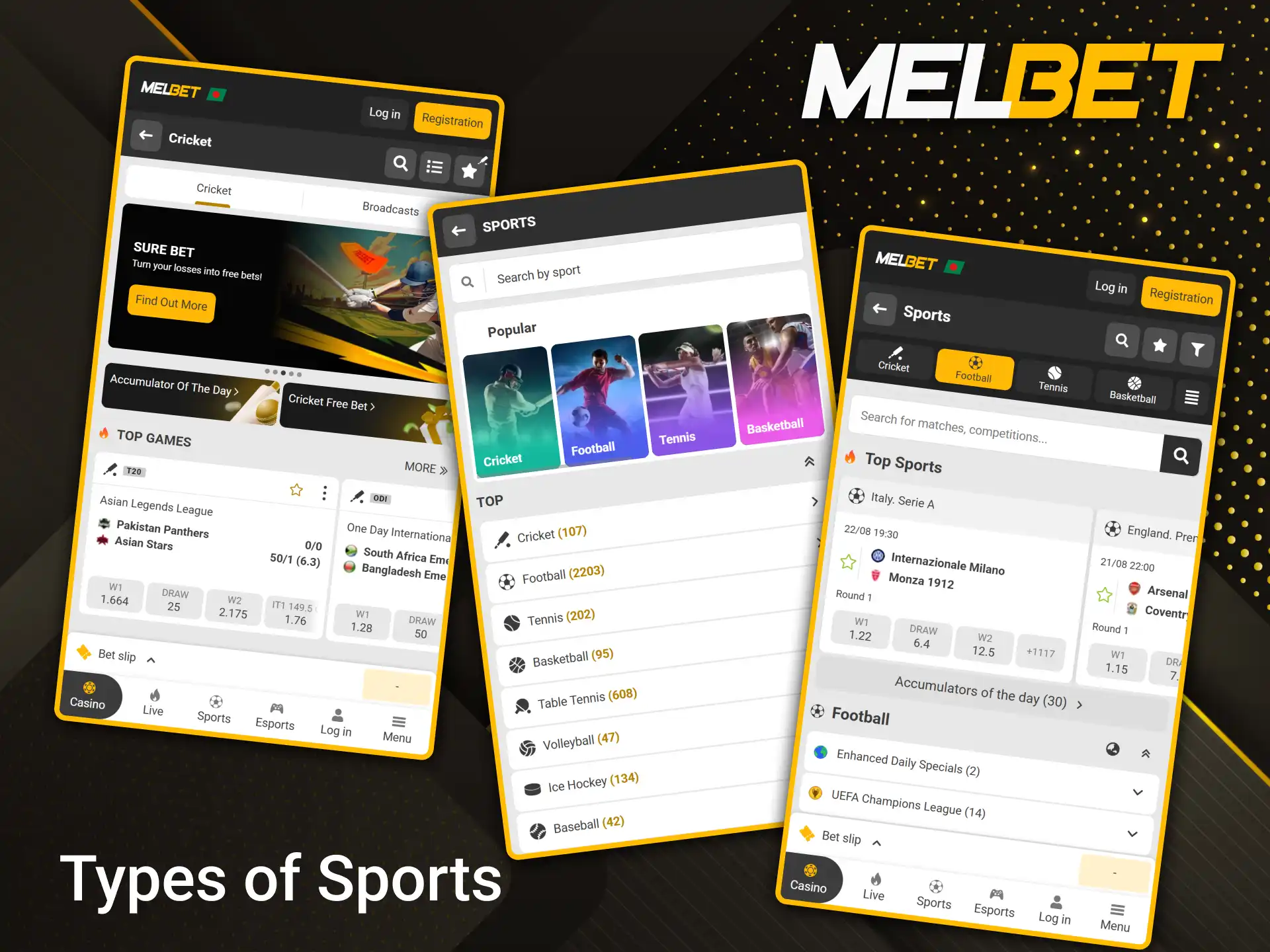 Melbet offers a wide selection of popular sports with high betting odds.