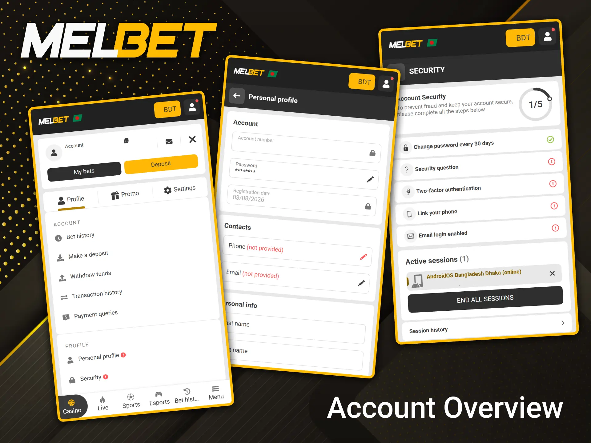 In your Melbet profile, you can easily manage your personal data and account security settings.