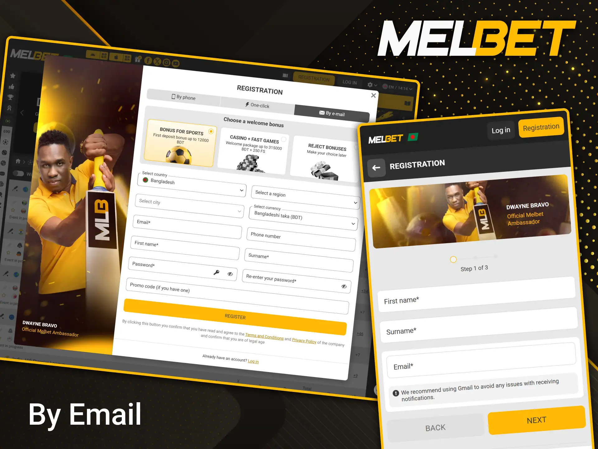 Quickly register with Melbet using your email address to gain full access to the platform.