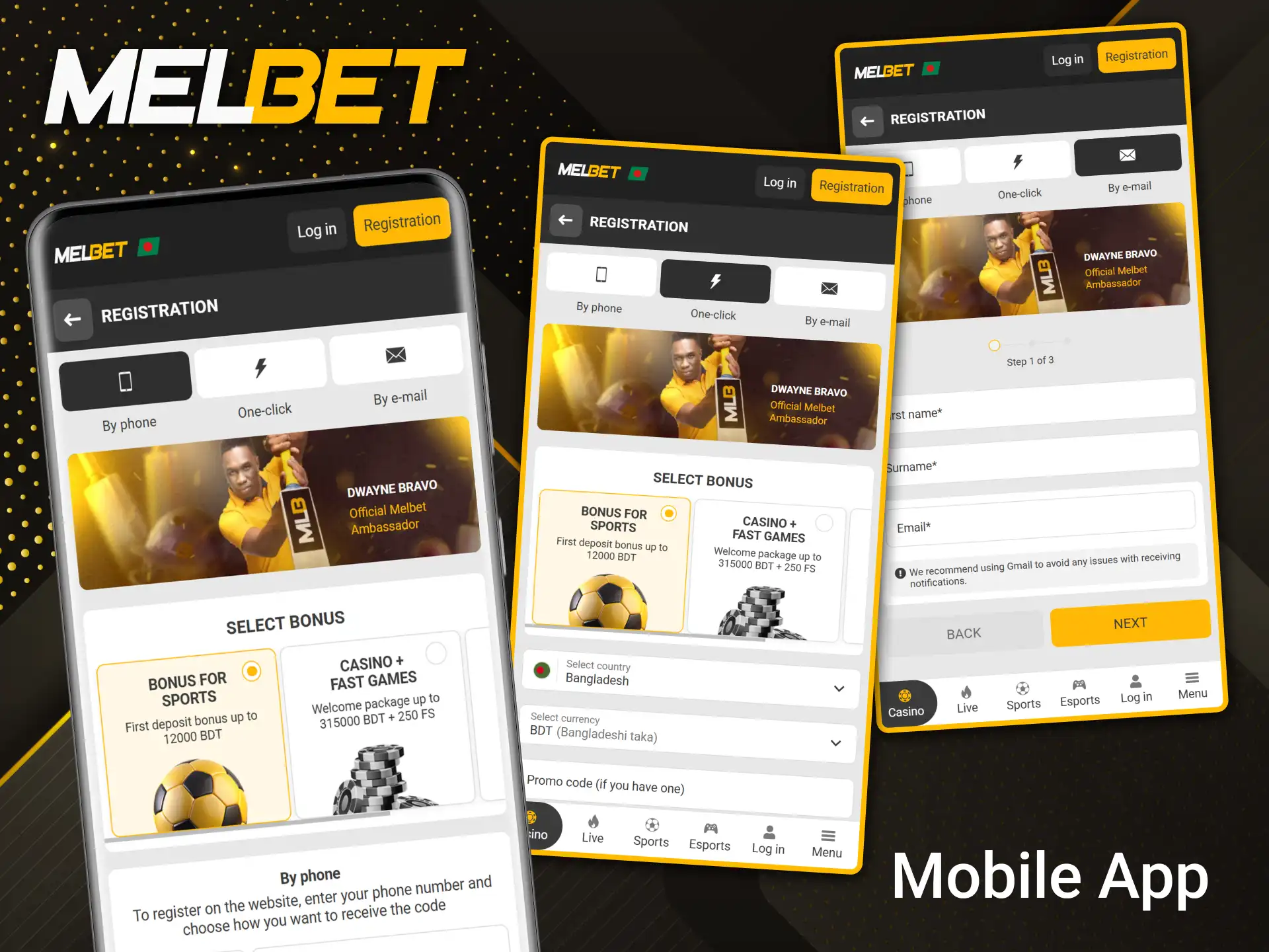 Register in the official Melbet mobile app on your smartphone.