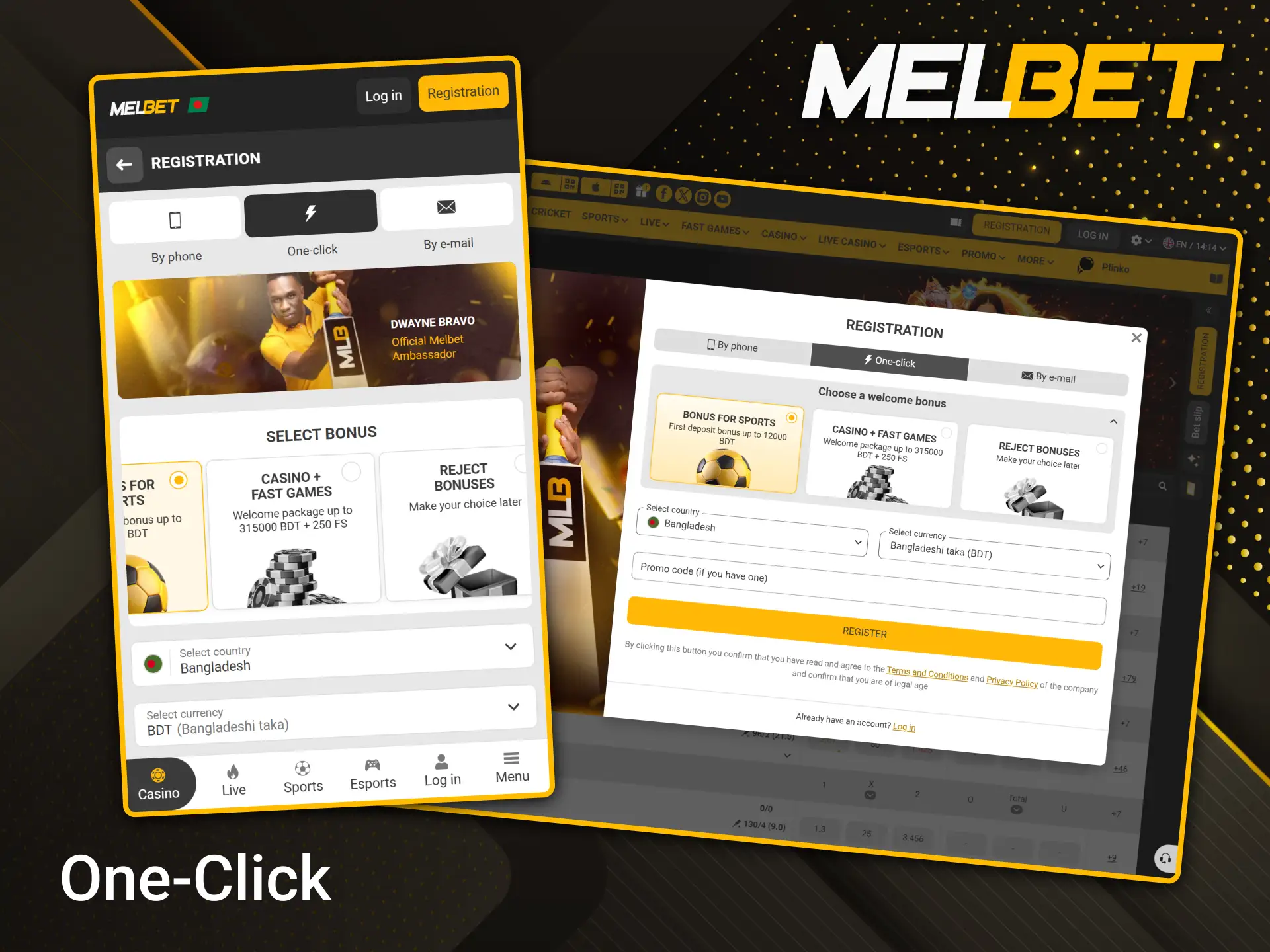 Use the quick one-click account creation feature to start playing at Melbet immediately.