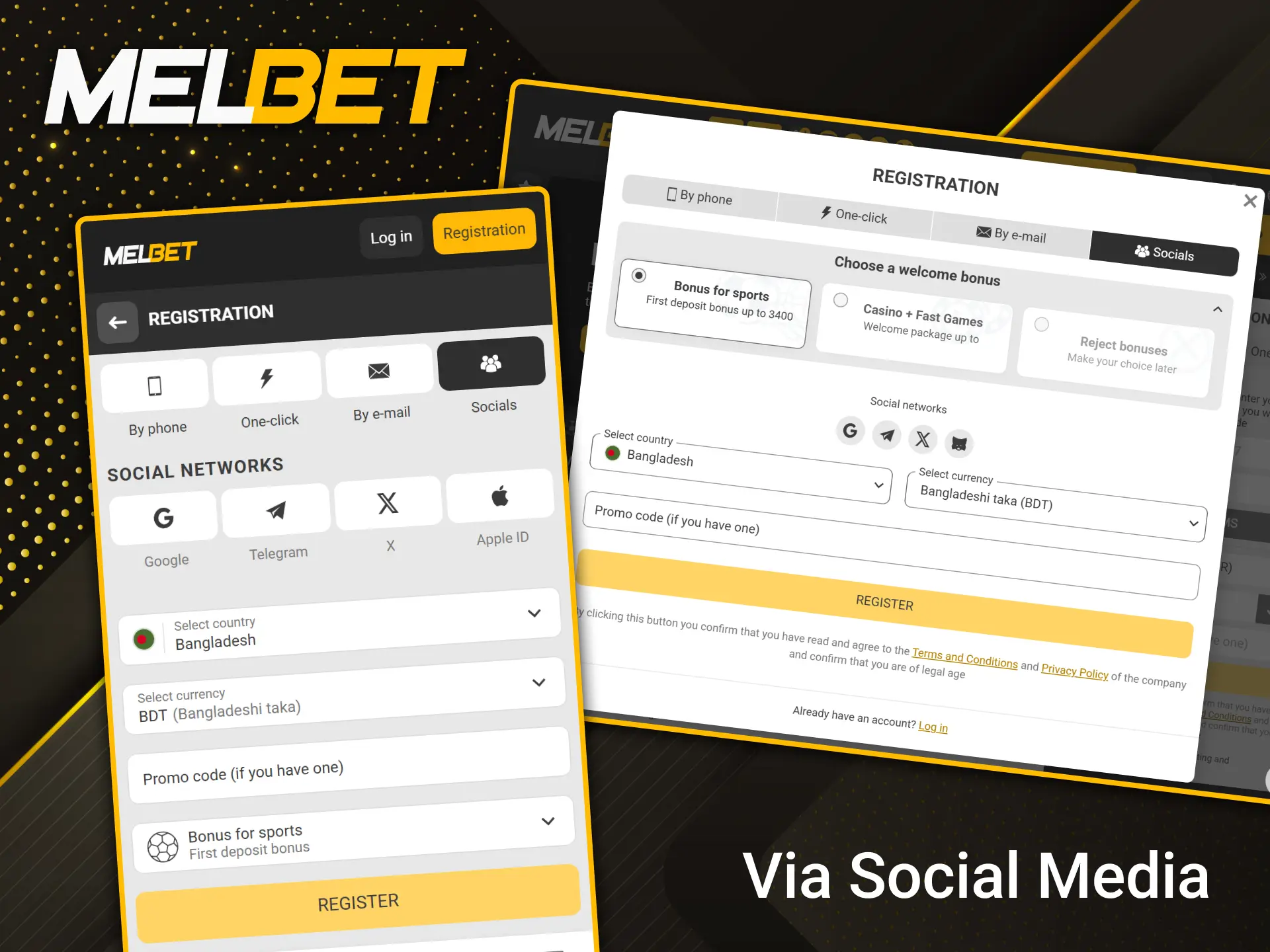 Link your social media profile for a seamless and secure registration at Melbet.