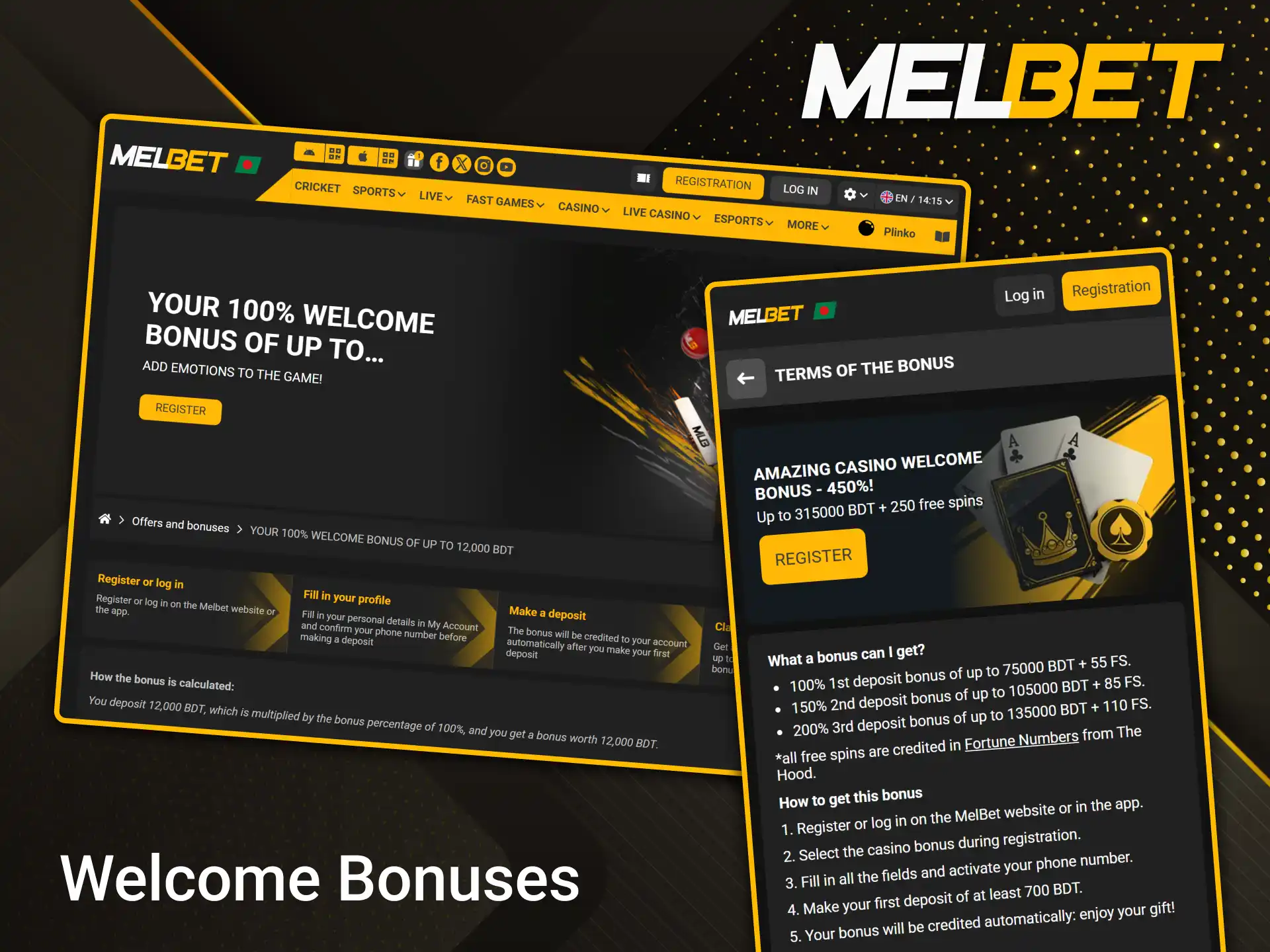 Receive generous welcome bonuses after completing your new Melbet account registration.